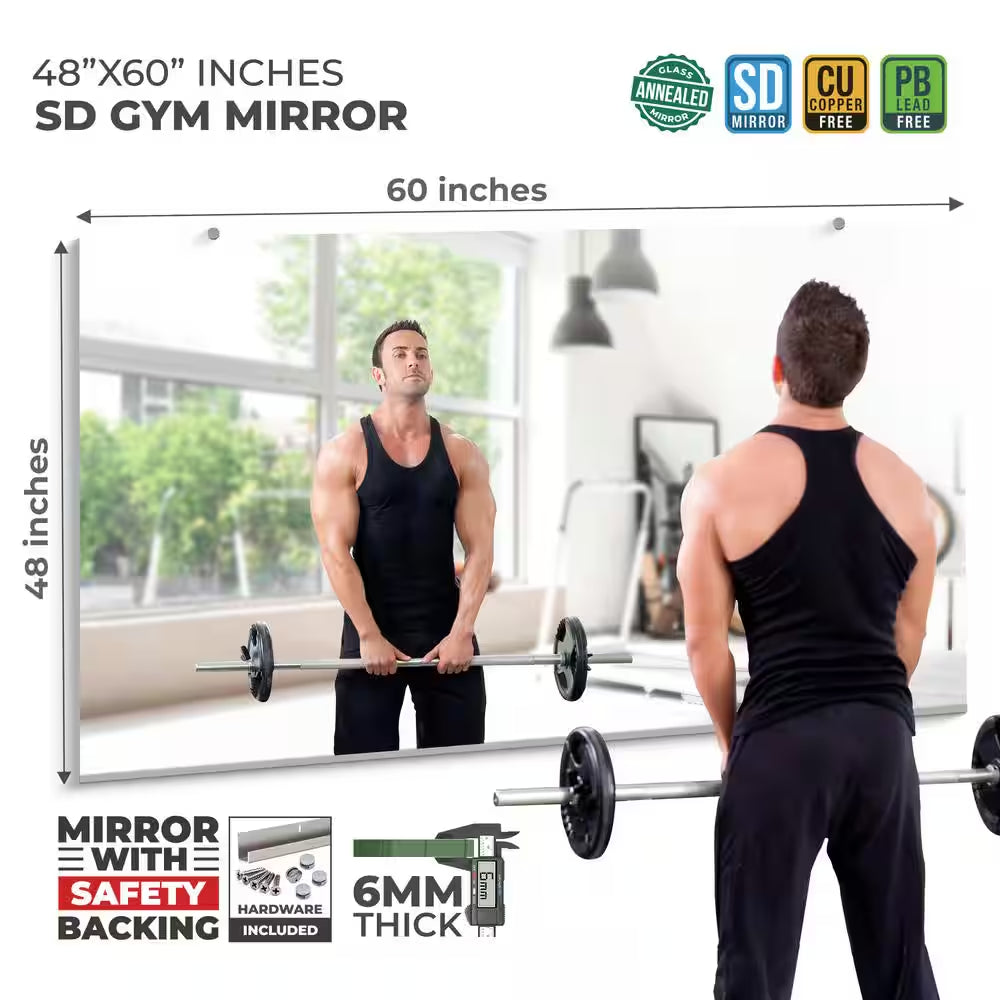 Large Fitness Center Mirror 1/4 In. Thick, Safety-Backed, 48 In. W X 60 In. H