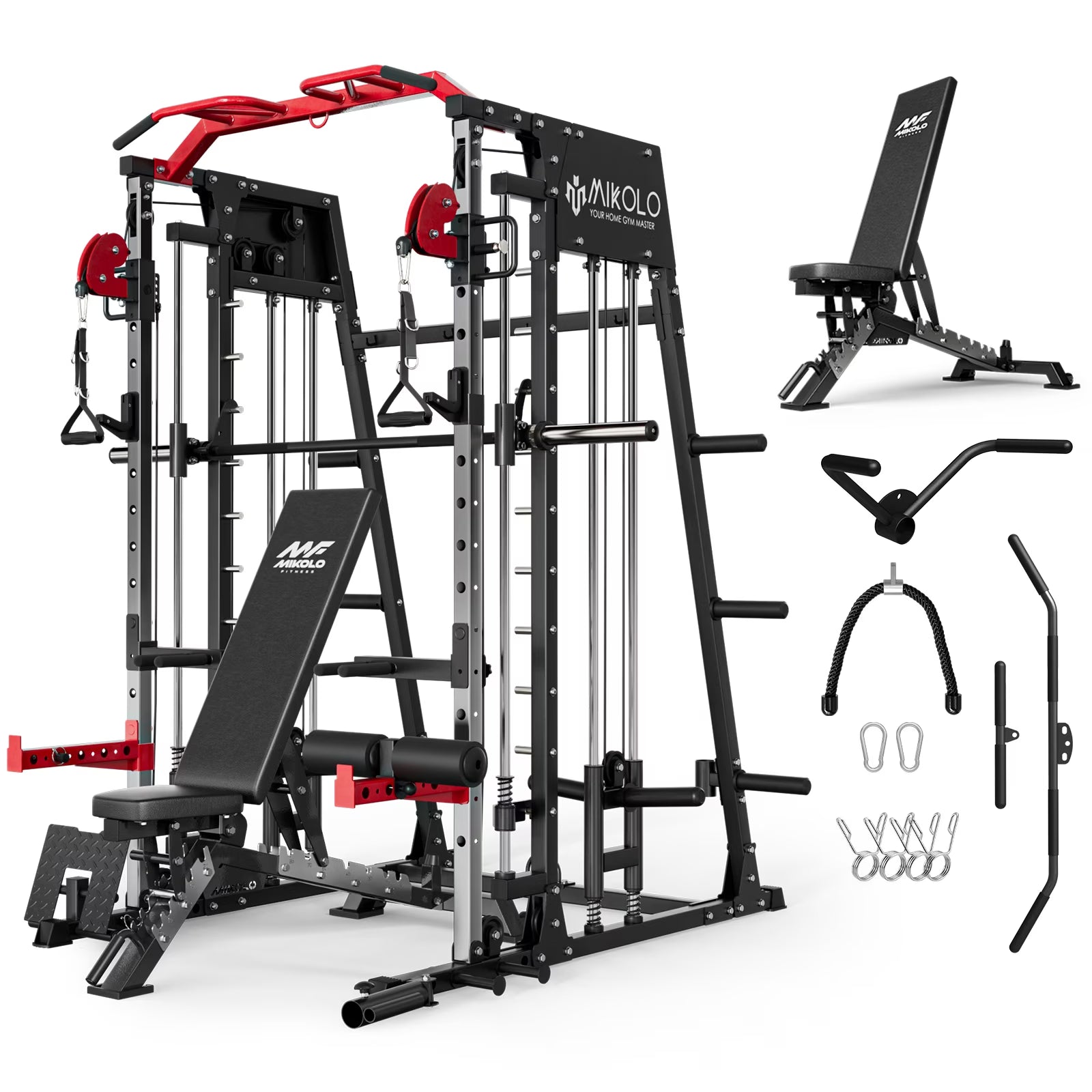 Smith Machine Home Gym, 2200 Lbs Power Rack Cage with 1200 Lbs Weight Bench and Cable Crossover System, Weight Bar, 360Â° Landmine, Home Gym